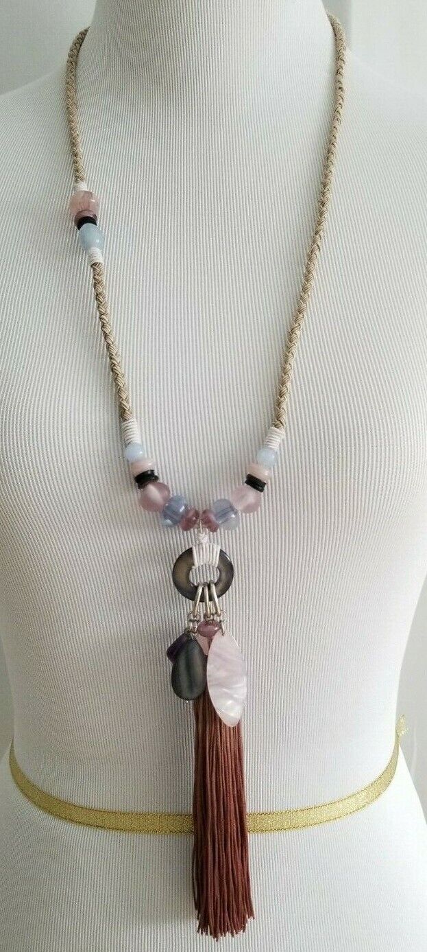 CHICO'S LONG COOL-TONED MOSAIC TASSEL NECKLACE
