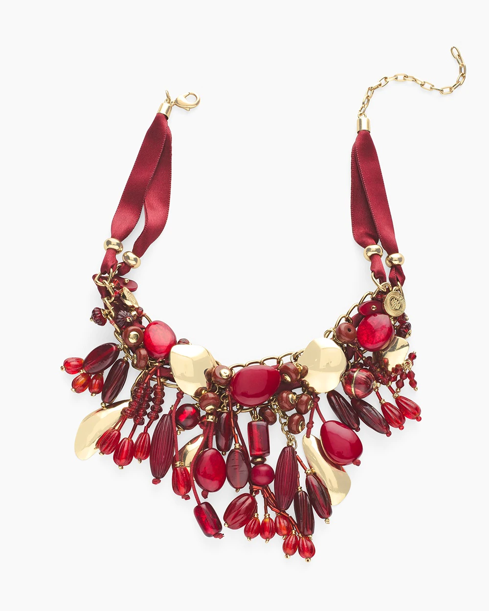 CHICO'S SHORT RED AND GOLD-TONE BIB NECKLACE