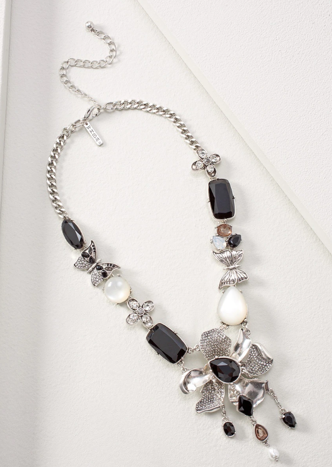 WHITE HOUSE BLACK MARKET BLACK FLOWER & SILVERTONE NECKLACE