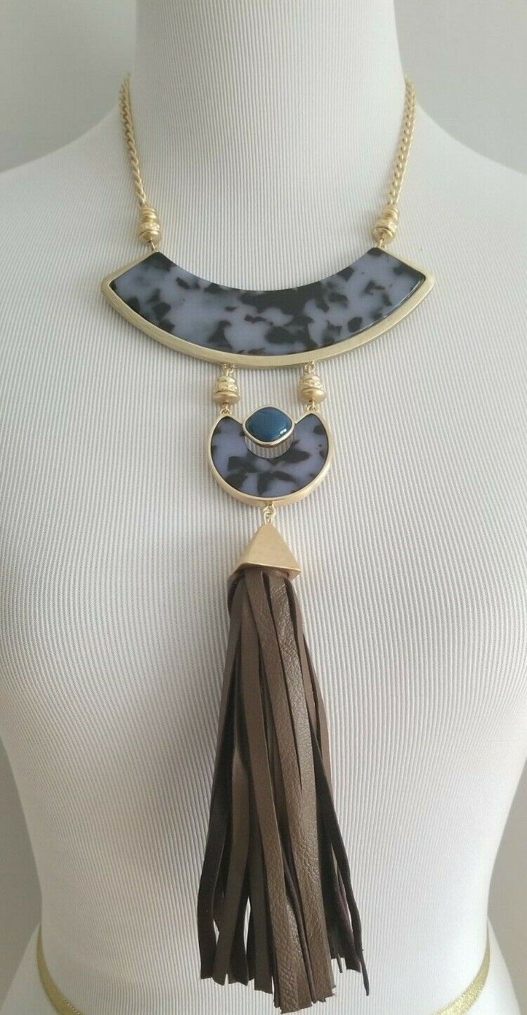 CHICO'S BLUE ANIMAL-PRINT TASSEL PENDANT NECKLACE