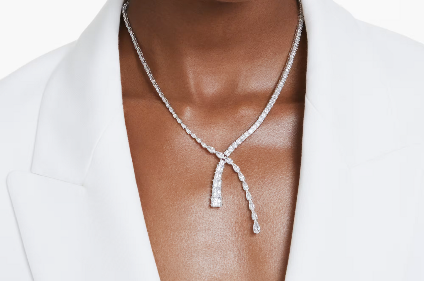 Swarovski Matrix Y necklace Mixed cuts, White, Rhodium plated
