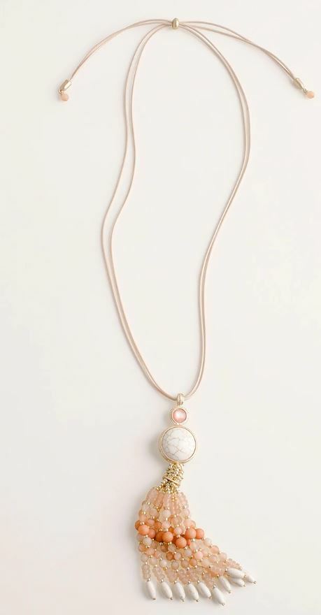 CHICO'S BLUSHED BEADED CONVERTIBLE TASSEL NECKLACE