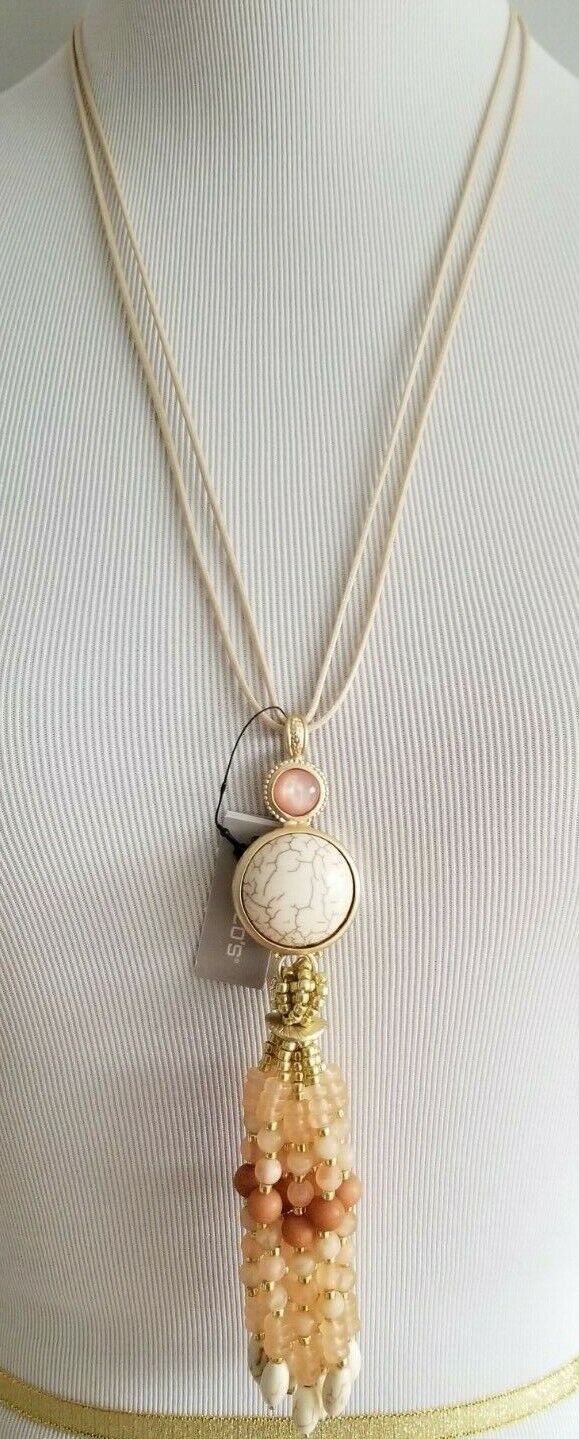 CHICO'S BLUSHED BEADED CONVERTIBLE TASSEL NECKLACE