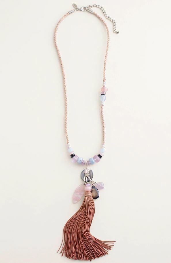 CHICO'S LONG COOL-TONED MOSAIC TASSEL NECKLACE