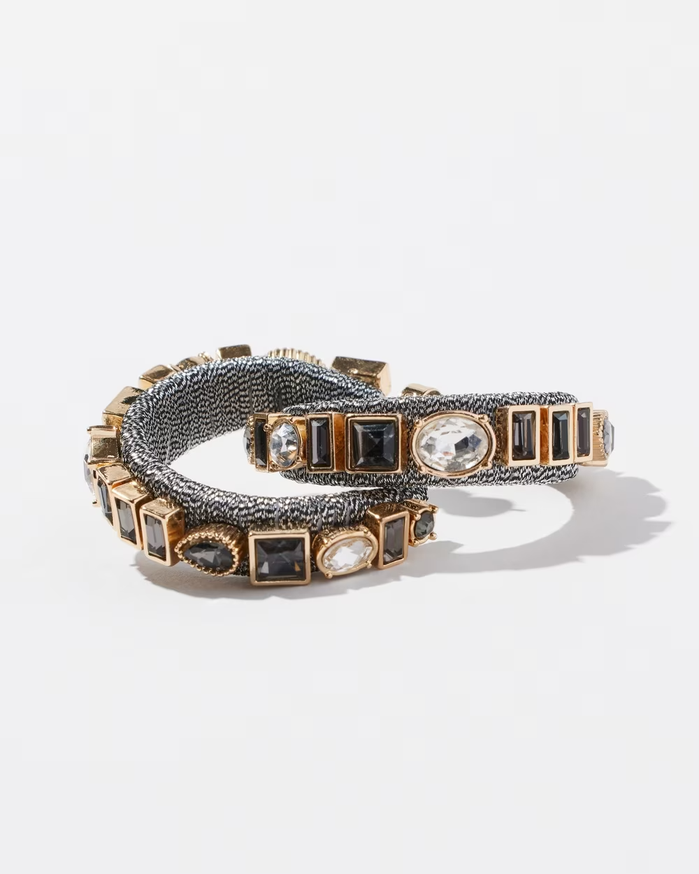 CHICO'S RHINESTONE HEMATITE TONE HOOPS EARRINGS