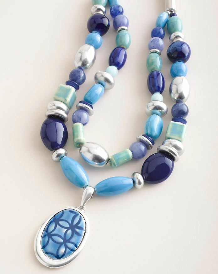 CHICO'S BLUE GEOMETRIC MULTI-STRAND PENDANT NECKLACE