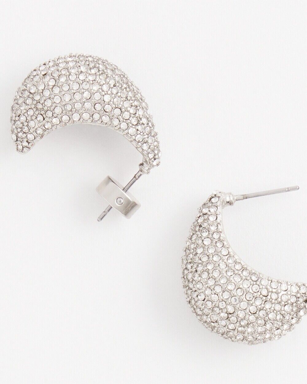 CHICO'S SILVER TONE PAVE HUGGIE EARRINGS