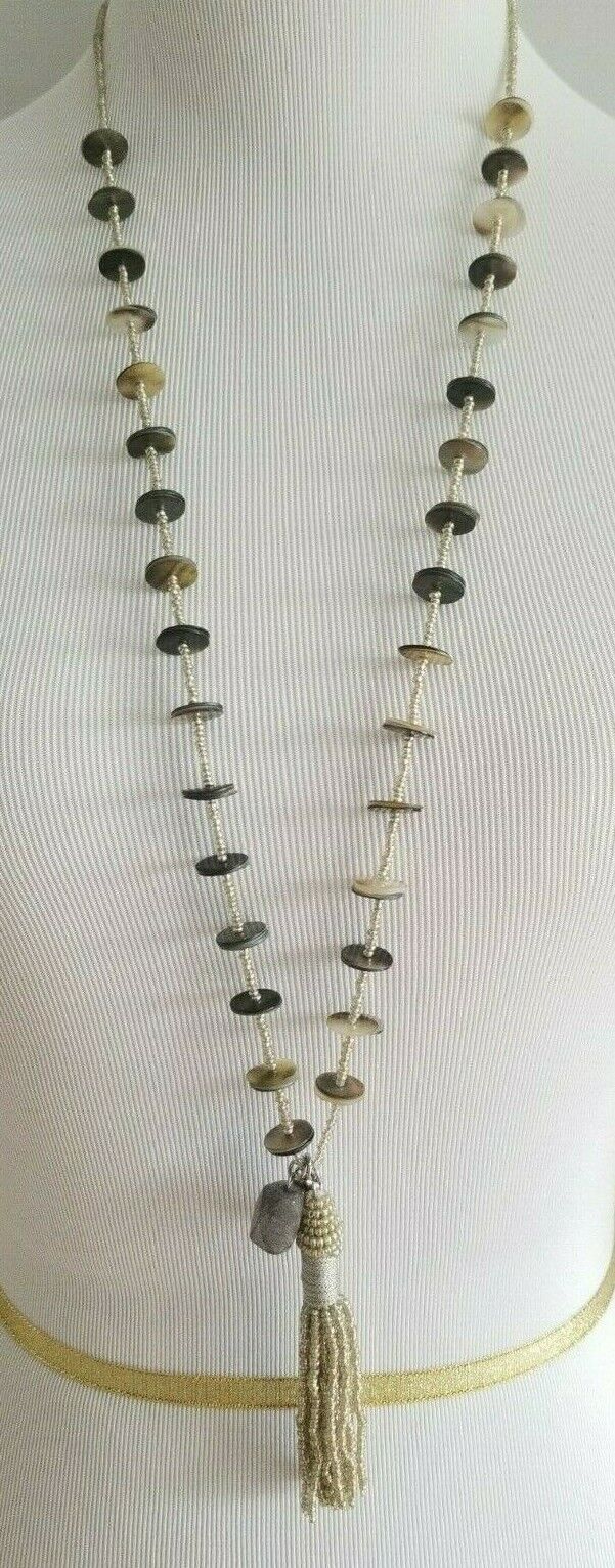 CHICO'S BLACK AND SILVER-TONE BEADED TASSEL NECKLACE