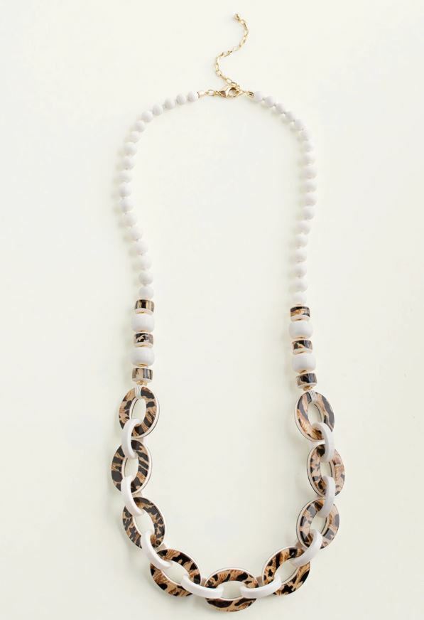 CHICO'S WHITE AND ANIMAL-PRINT CHAIN-LINK SINGLE-STRAND NECKLACE