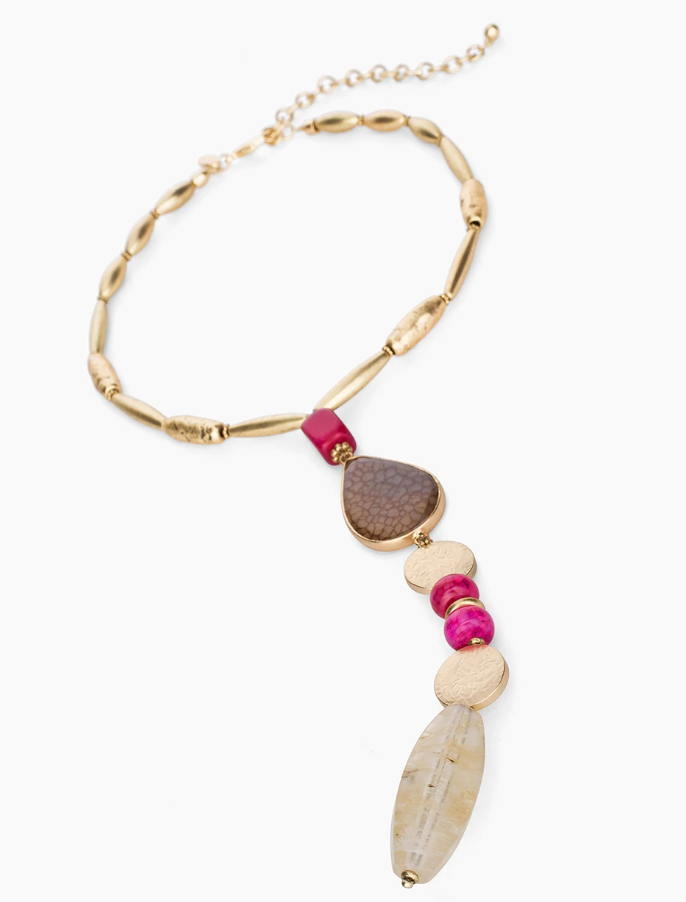 CHICO'S GOLD-TONE AND PINK Y-NECKLACE