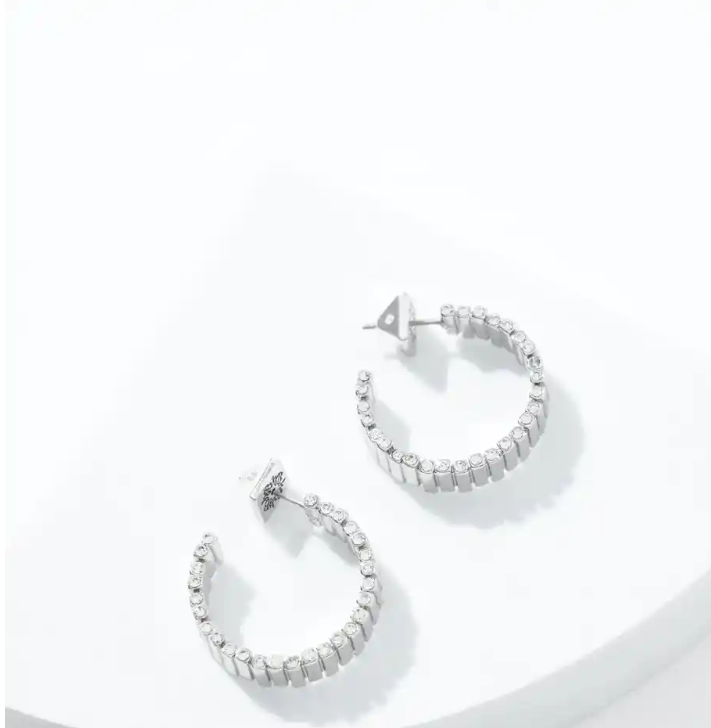 White House Black Market Silver Wavy Clear Crystal Hoop Earrings