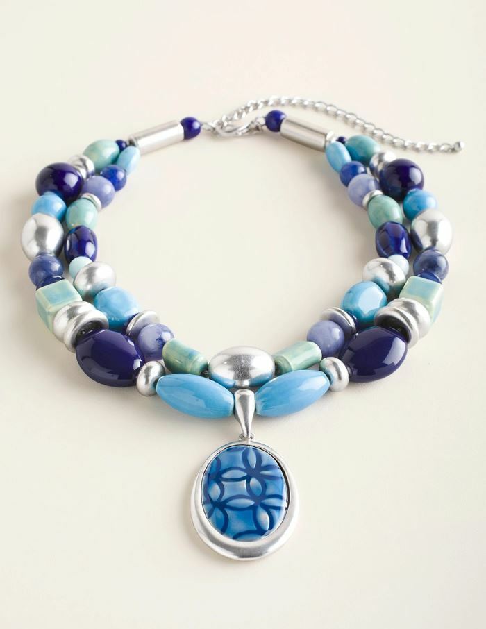 CHICO'S BLUE GEOMETRIC MULTI-STRAND PENDANT NECKLACE