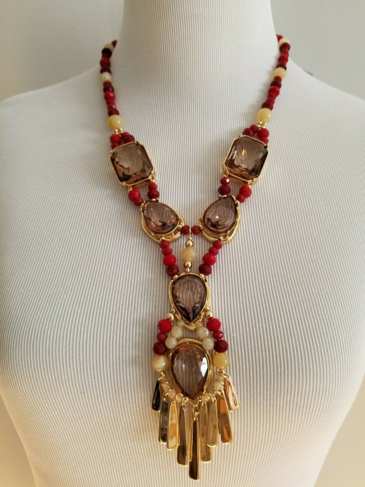 CHICO'S RED AND GOLD-TONE STONE Y-NECKLACE