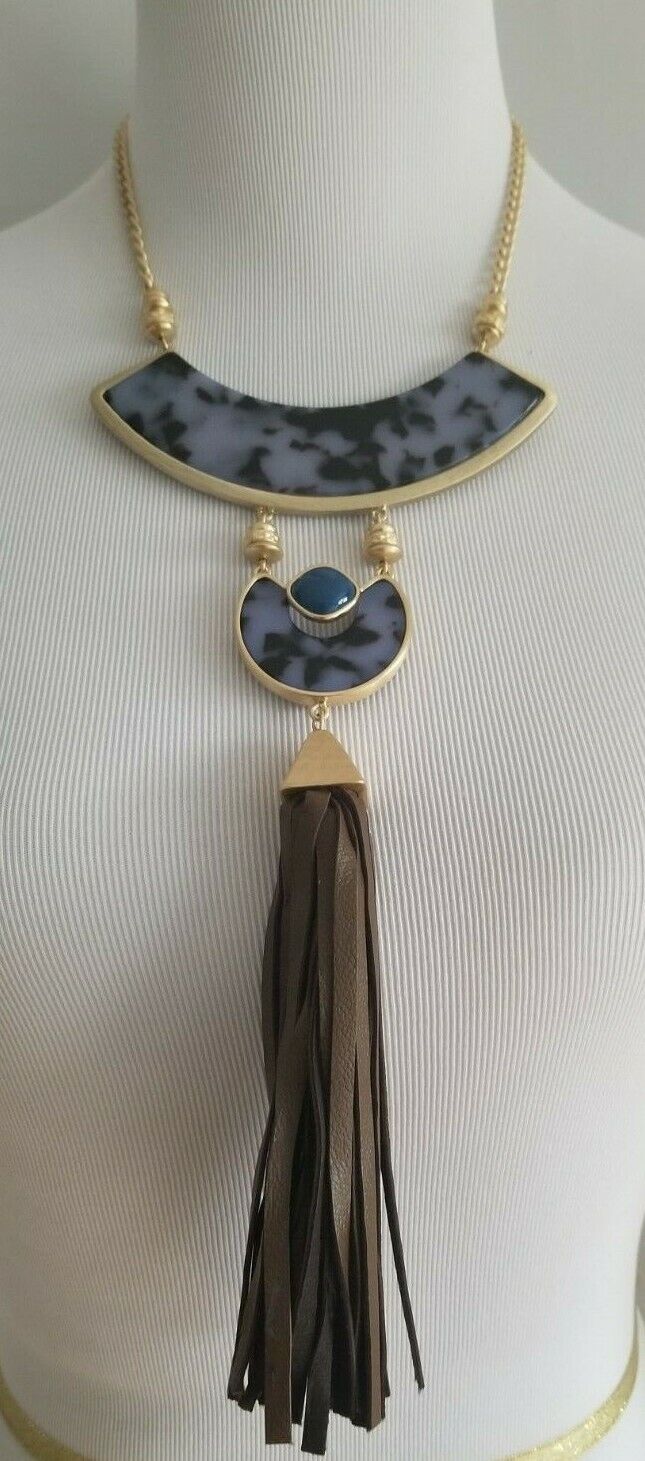 CHICO'S BLUE ANIMAL-PRINT TASSEL PENDANT NECKLACE