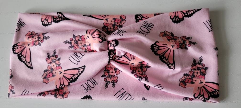 Breast Cancer Awarness - Pink Ribbon Butterflies Twisted Headband