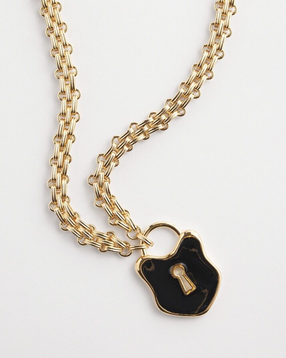 CHICO'S BLACK AND GOLD-TONE LOCK PENDANT NECKLACE