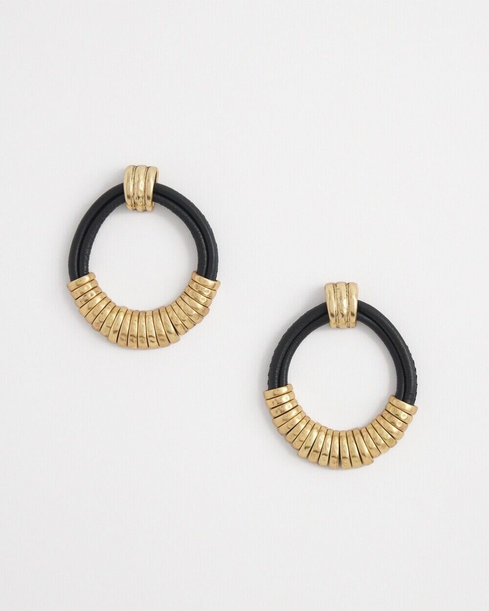 CHICO'S NO DROOP BLACK LEATHER HOOP EARRINGS