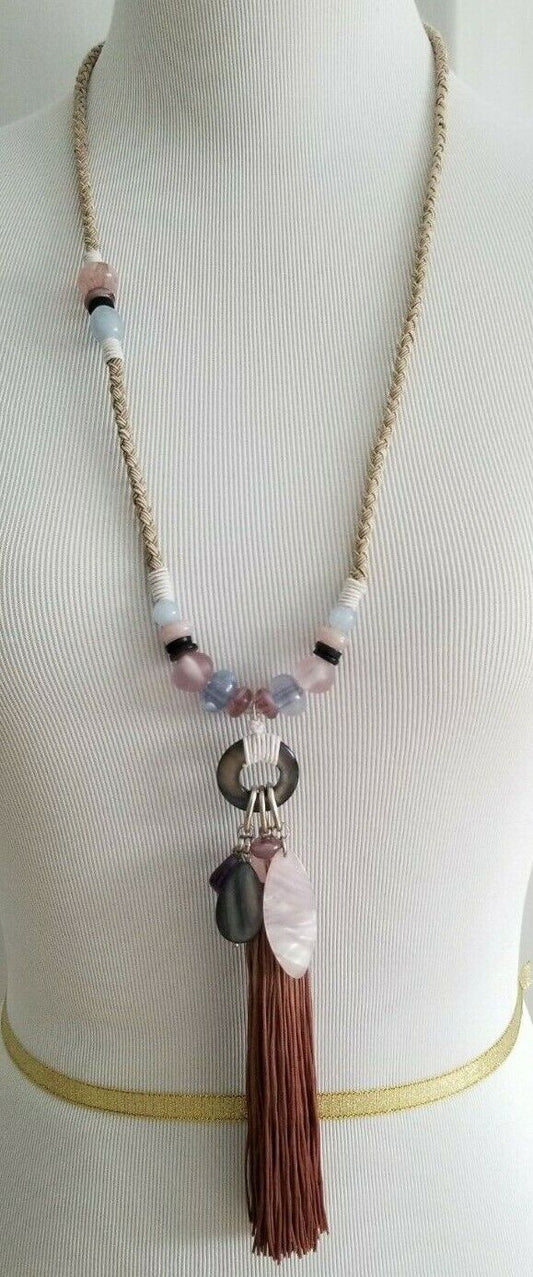 CHICO'S LONG COOL-TONED MOSAIC TASSEL NECKLACE