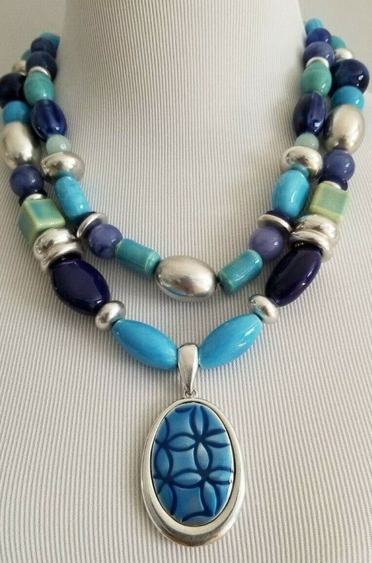 CHICO'S BLUE GEOMETRIC MULTI-STRAND PENDANT NECKLACE