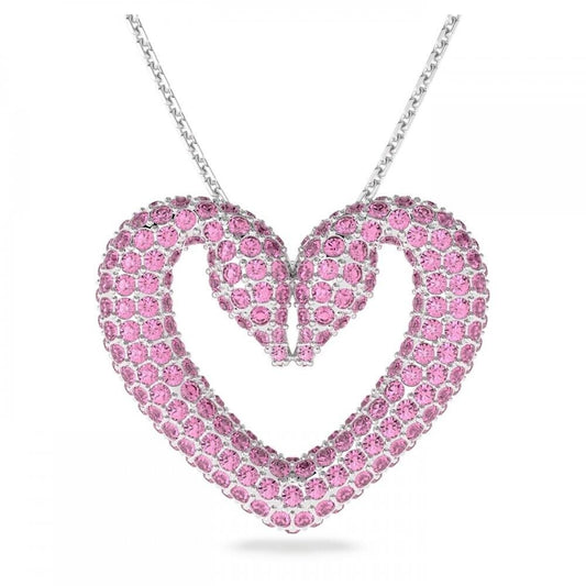 Una Pendant, Heart, Medium, Pink, Rhodium Plated