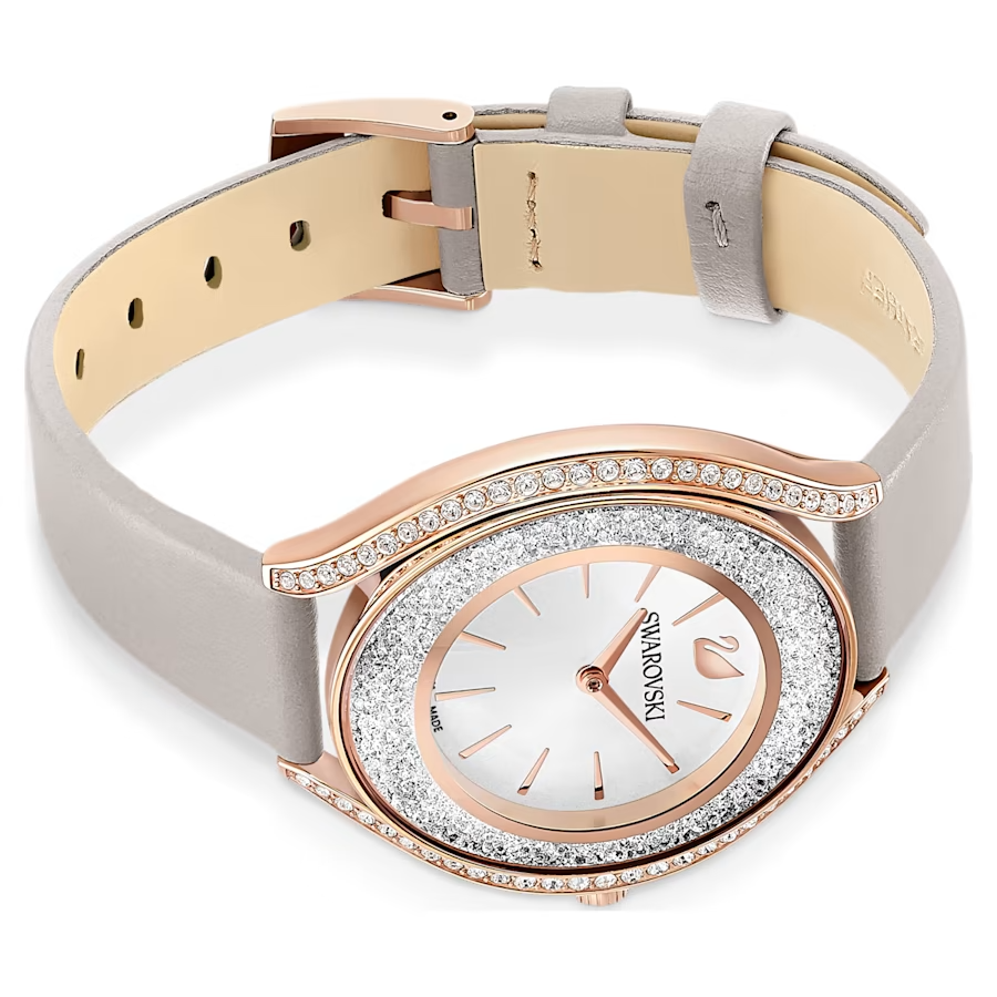 Swarovski Crystalline Aura watch Swiss Made, Leather strap, Gray, Rose gold-tone