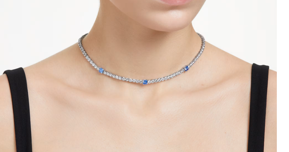Swarovski Matrix Tennis necklace Mixed cuts, Blue, Rhodium plated