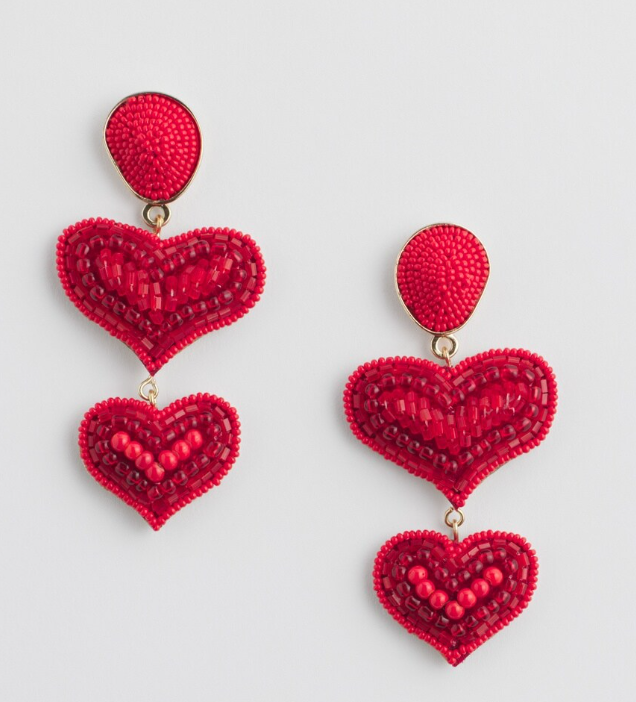 CHICO'S RED SEED BEAD HEART EARRINGS