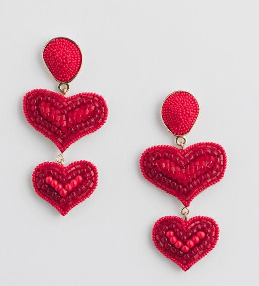 CHICO'S RED SEED BEAD HEART EARRINGS