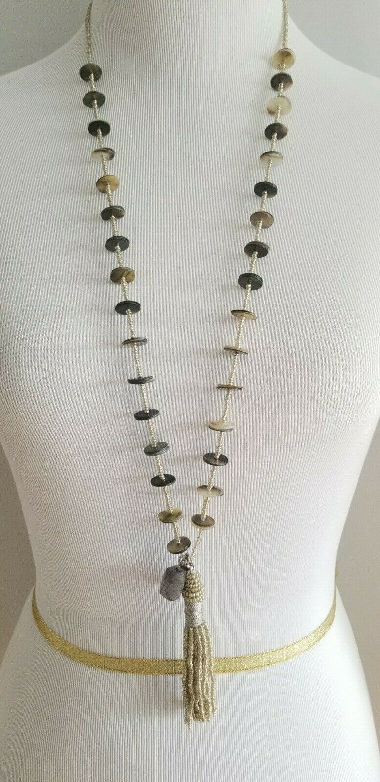 CHICO'S BLACK AND SILVER-TONE BEADED TASSEL NECKLACE