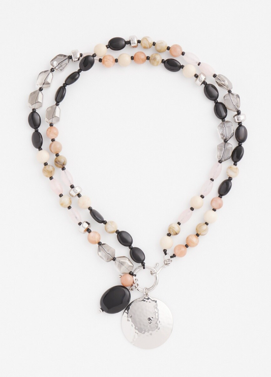 CHICO'S SILVER TONE BEADED CHARM NECKLACE