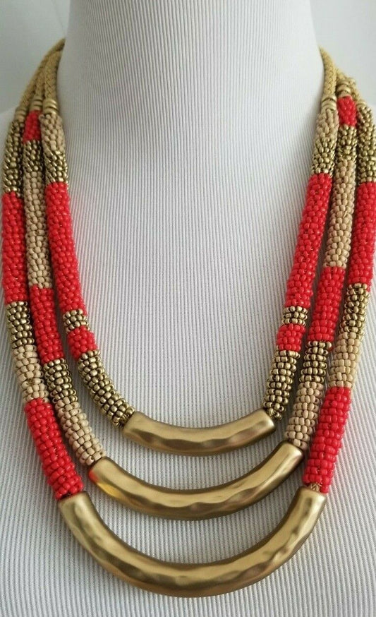 CHICO'S ORANGE AND NEUTRAL SEED BEAD SHORT MULTI-ROW NECKLACE