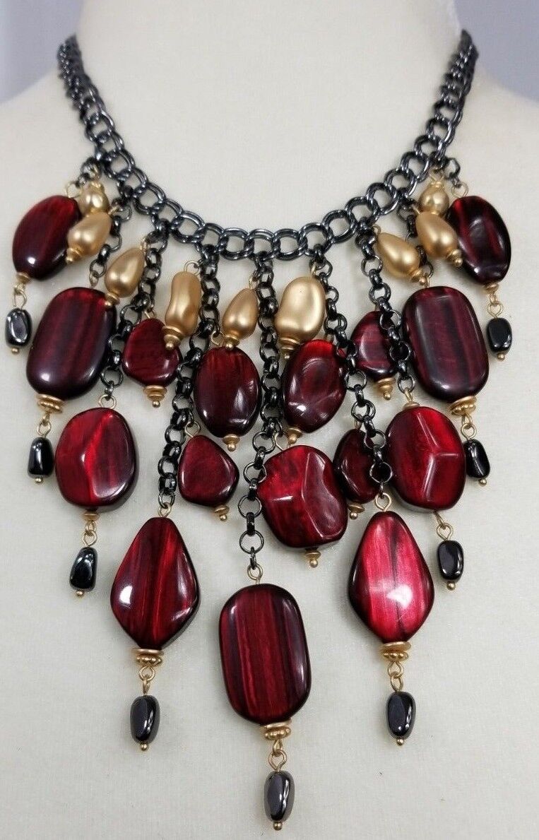 CHICO'S RED AND GOLD-TONE BIB NECKLACE