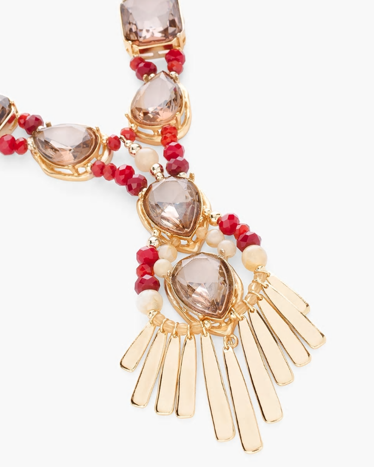 CHICO'S RED AND GOLD-TONE STONE Y-NECKLACE