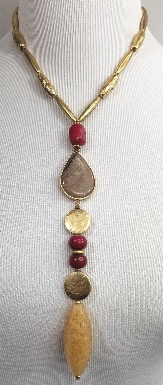 CHICO'S GOLD-TONE AND PINK Y-NECKLACE