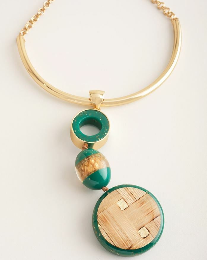 CHICO'S GREEN AND NEUTRAL COLLAR PENDANT NECKLACE