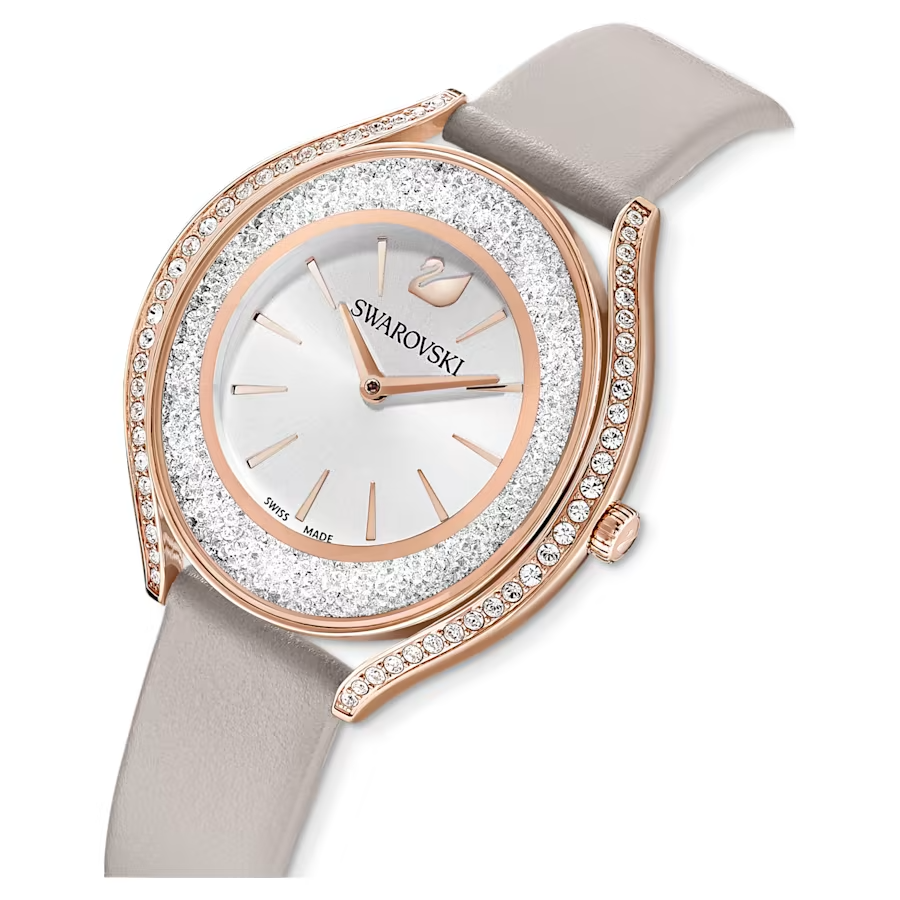 Swarovski Crystalline Aura watch Swiss Made, Leather strap, Gray, Rose gold-tone