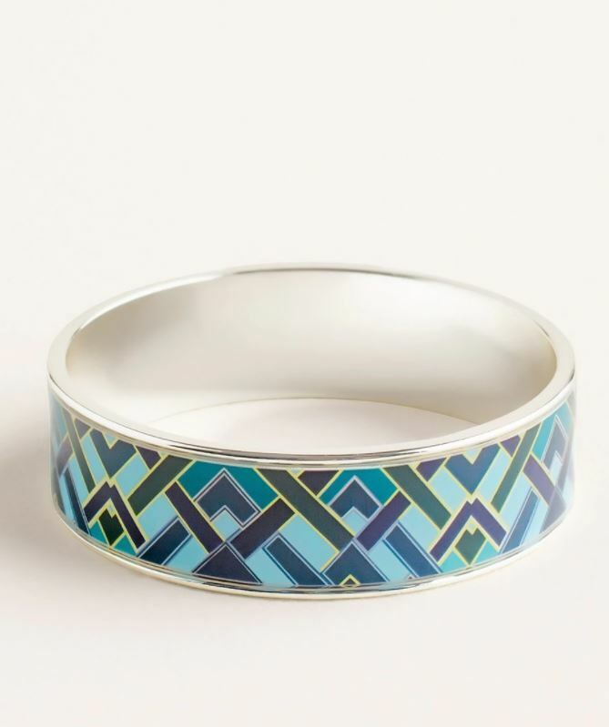 CHICO'S BLUE AND SILVERTONE DECO-PRINT CUFF BRACELET