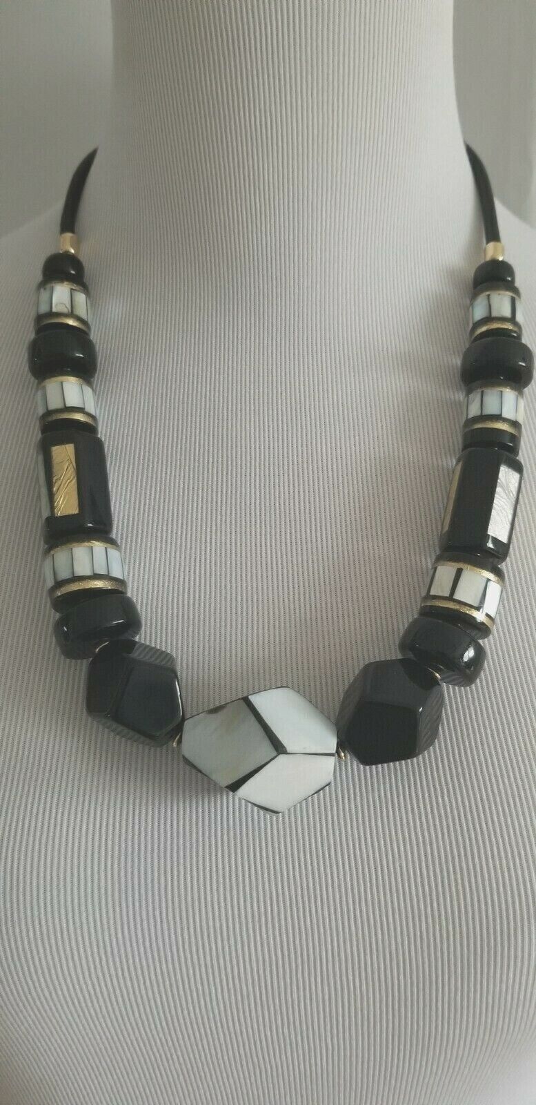 CHICO'S BLACK, WHITE AND GOLDTONE BIB NECKLACE