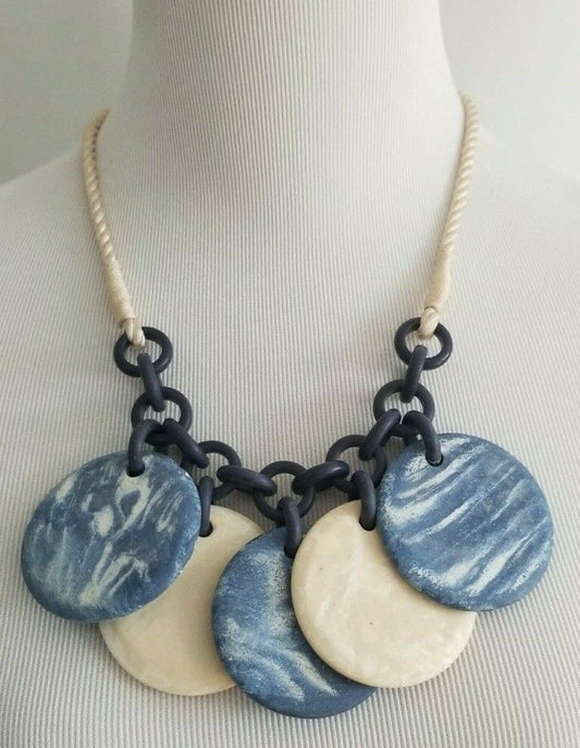 CHICO'S BLUE AND NEUTRAL DISC BIB NECKLACE