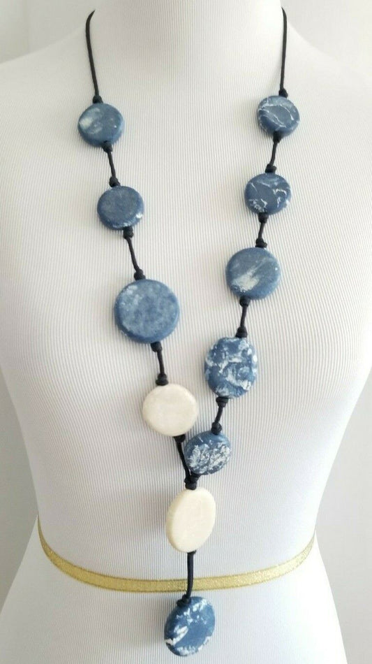 CHICO'S BLUE AND NEUTRAL DISC Y-NECKLACE