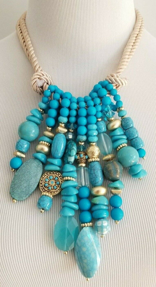 CHICO'S TURQUOISE-HUED ROPE BIB NECKLACE