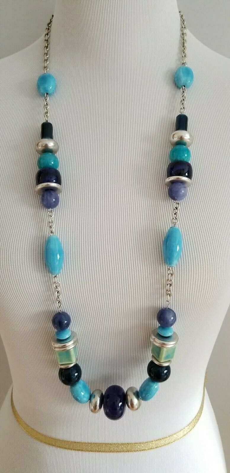 CHICO'S LONG BLUE GEOMETRIC SINGLE-STRAND NECKLACE