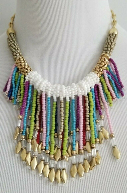 CHICO'S COLORFUL SEED BEAD BIB NECKLACE