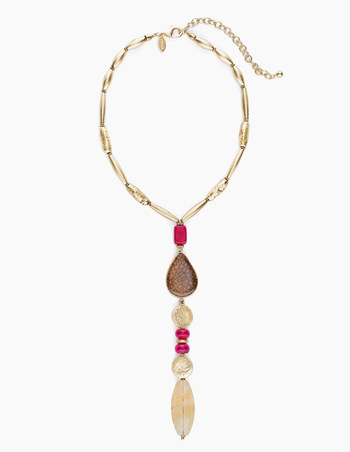 CHICO'S GOLD-TONE AND PINK Y-NECKLACE