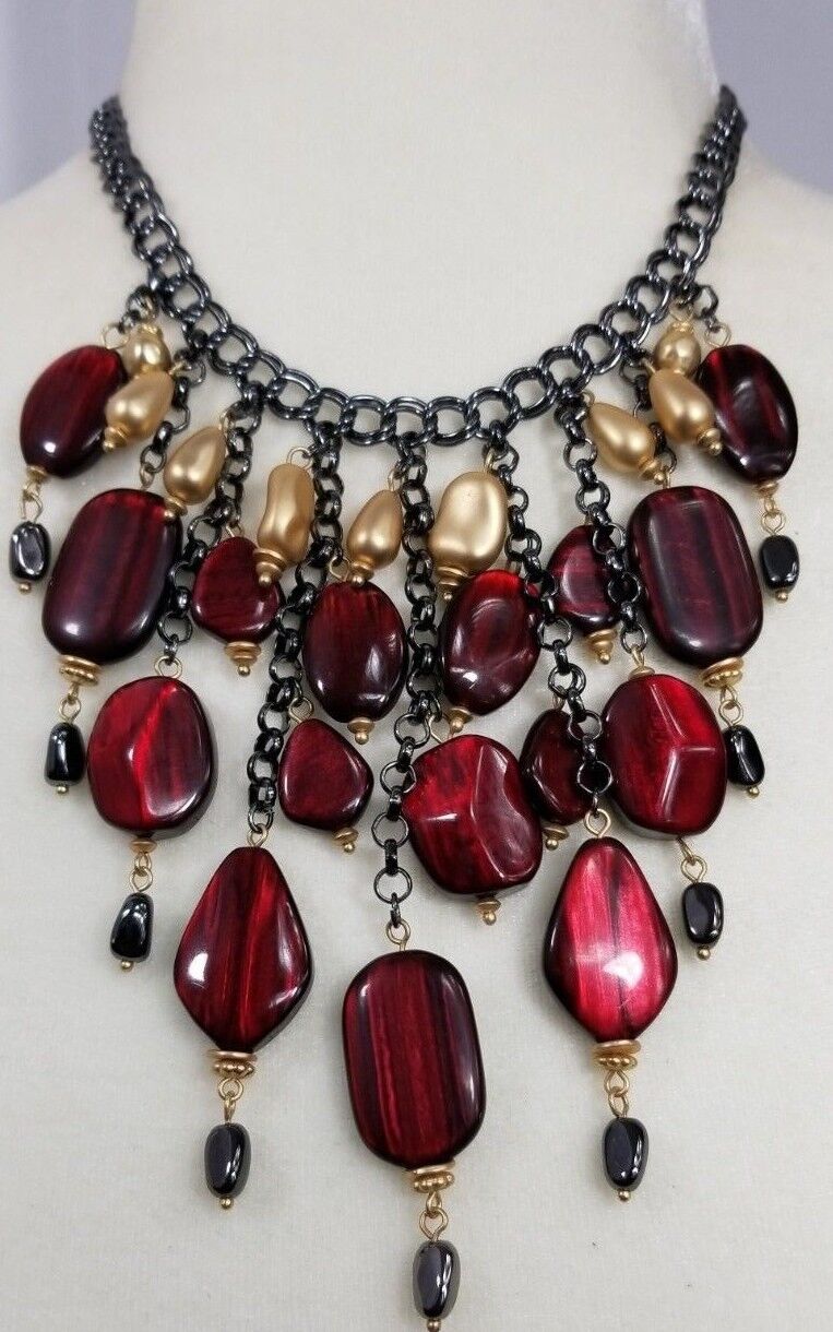 CHICO'S RED AND GOLD-TONE BIB NECKLACE