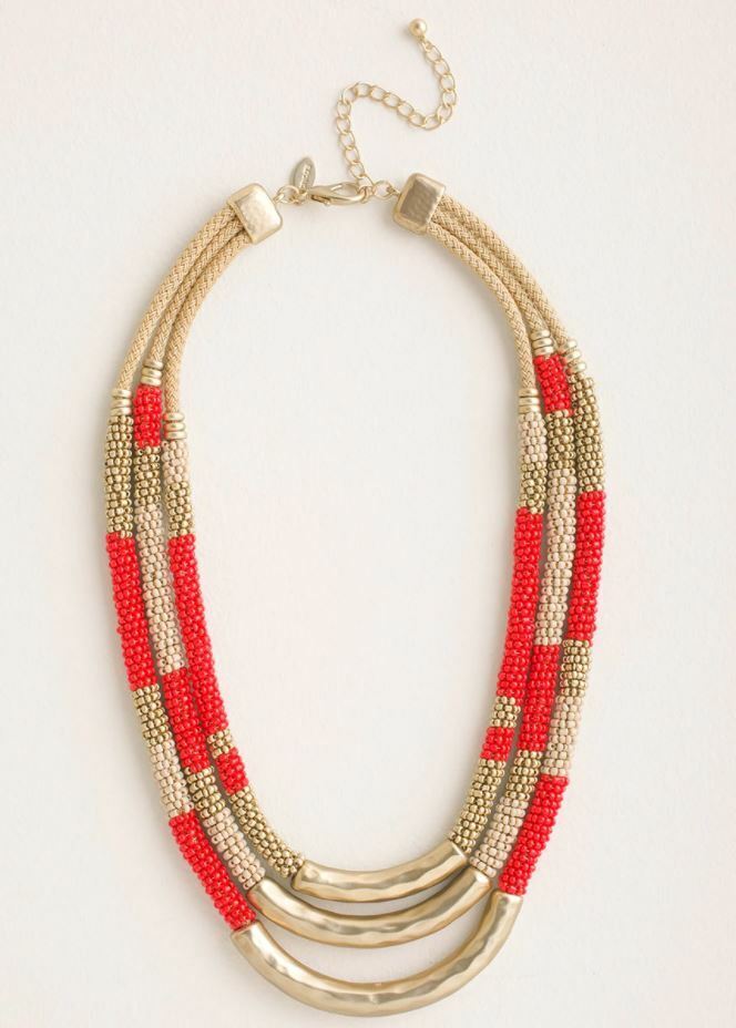CHICO'S ORANGE AND NEUTRAL SEED BEAD SHORT MULTI-ROW NECKLACE