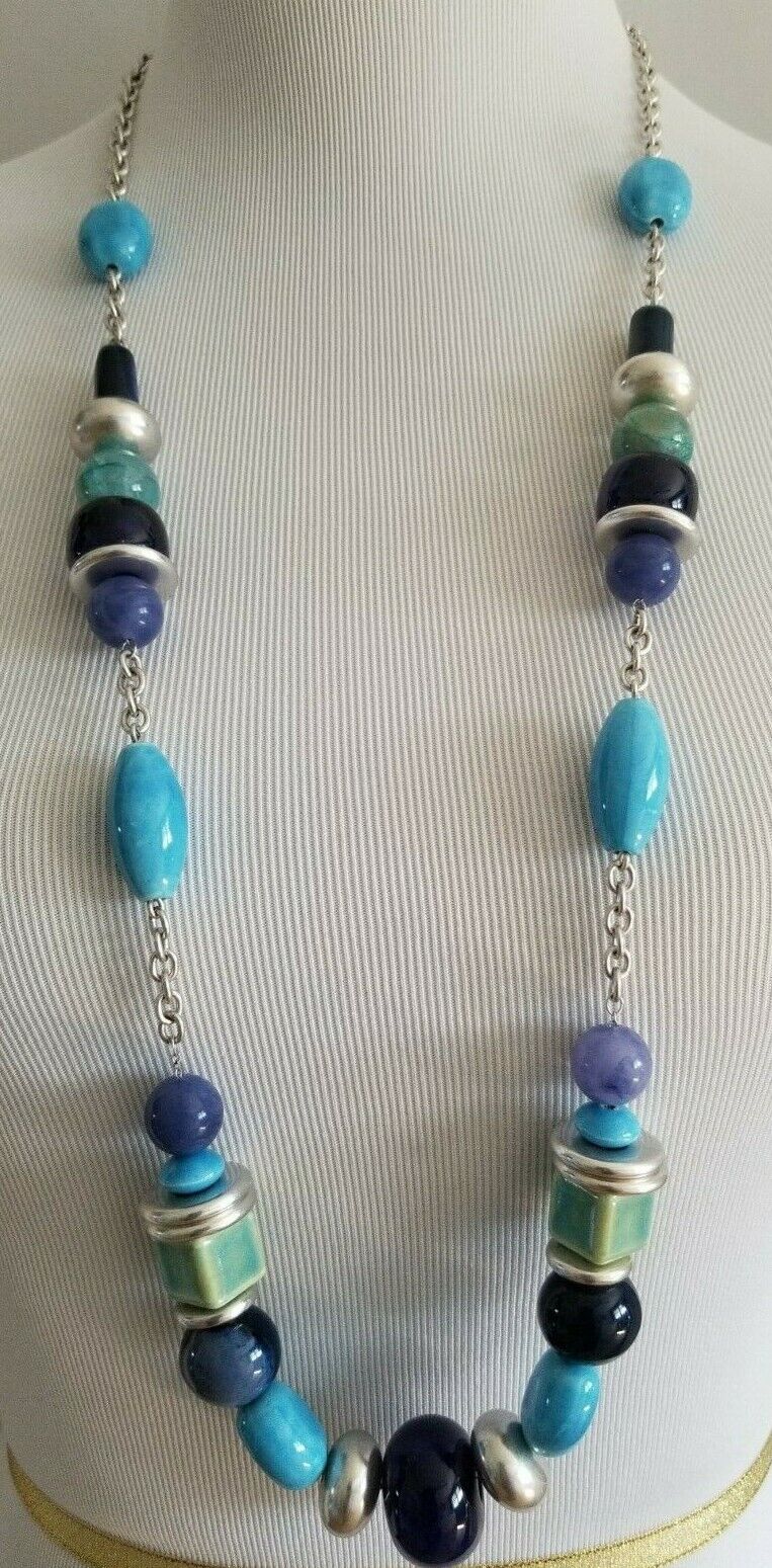 CHICO'S LONG BLUE GEOMETRIC SINGLE-STRAND NECKLACE