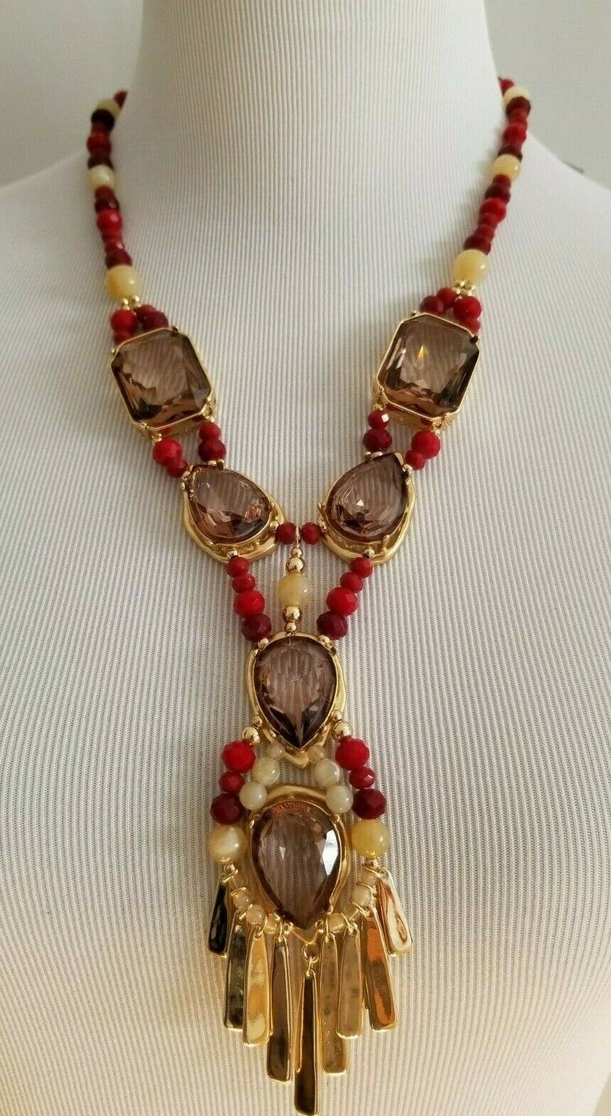 CHICO'S RED AND GOLD-TONE STONE Y-NECKLACE