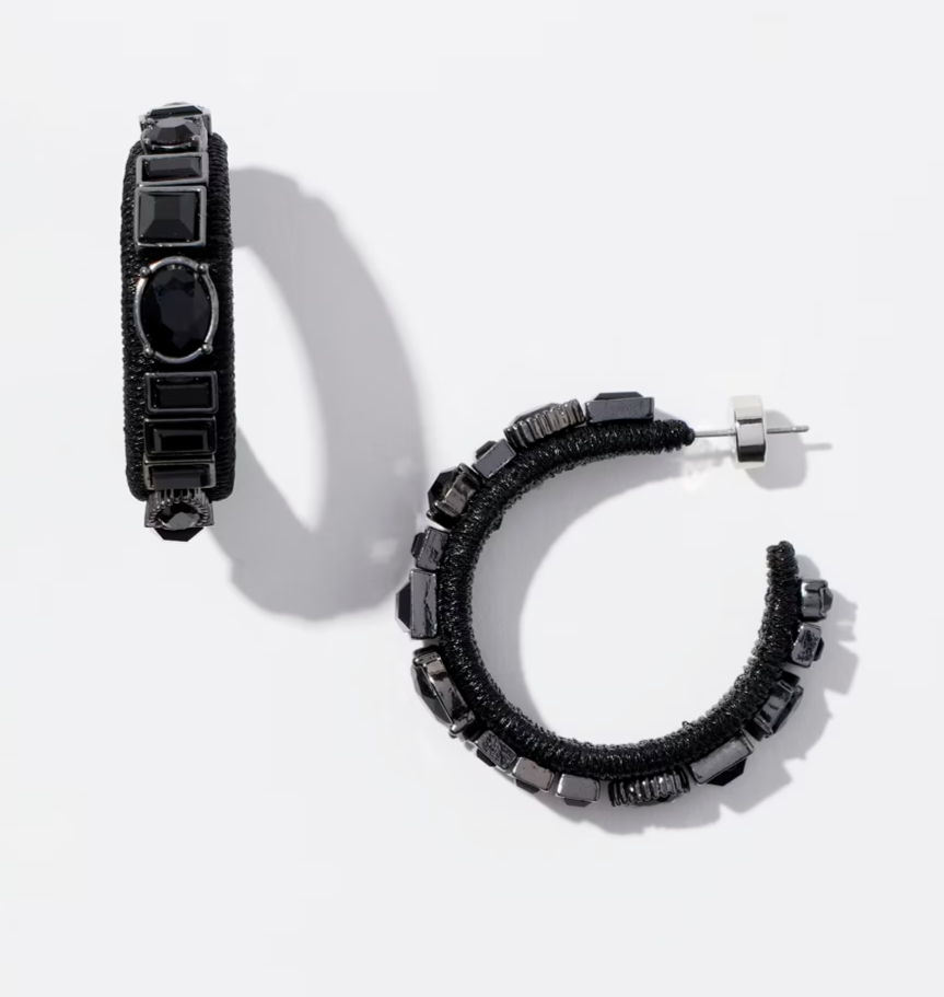 CHICO'S BLACK RHINESTONE HOOPS EARRINGS