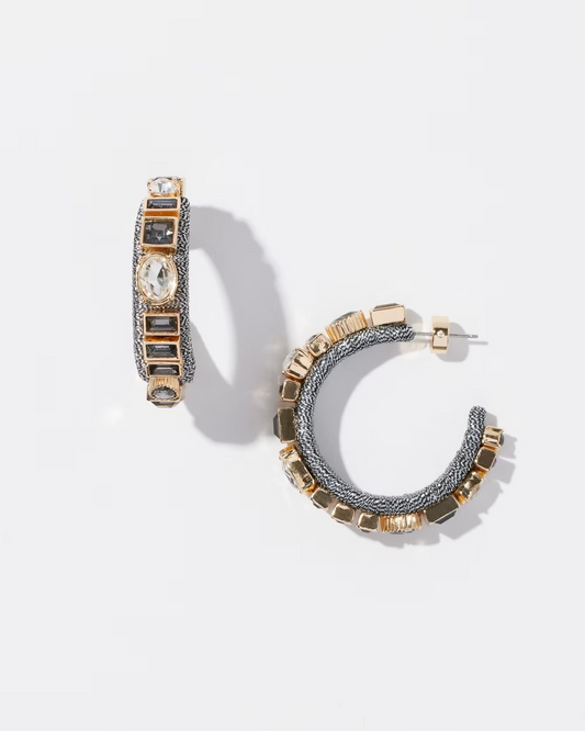 CHICO'S RHINESTONE HEMATITE TONE HOOPS EARRINGS